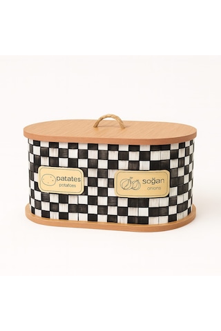 Dekorasyaa 2 Bölmeli Patates Soğanlık - Bambu - Oval Dama Desen Beyaz - Siyah