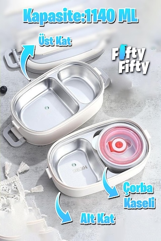 Vagonlife 1140 Ml 2 Kat Paslanmaz Çelik Çorba Kaseli Bento Lunch Box Yeni Nesil Sefer Tası -fflbox10403 Bej