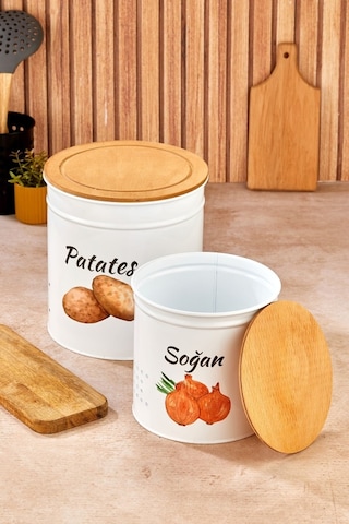 2 Katlı Ahşap Kapaklı Metal Patates Soğan Kovası - Sebzelik - Patates Soğanlık Sepeti Beyaz