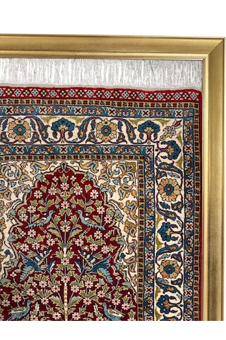 El Dokuma Saf İpek Halı Koleksiyonluk Tablo 75x110 Hayat Ağacı Modeli %100 Has İpek Kırmızı
