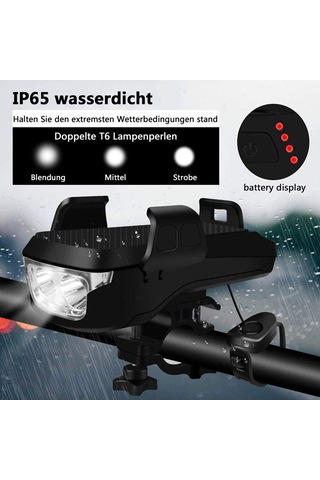 Neevoyu 4'ü 1 Arada Şarjlı Bisiklet Farı - Su Geçirmez Telefon Tutucu Ve 130 Desibel Korna İle Güvenli Sürüş Siyah