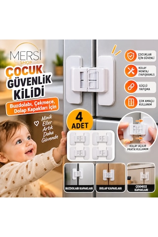 4 Adet Buzdolabı Çekmece Dolap Kapağı Çocuk Güvenlik Kilidi Yapışkanlı Beyaz