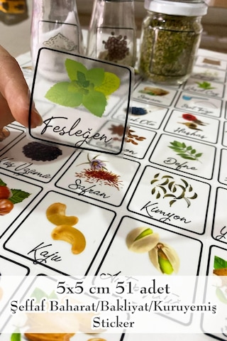 MSticker Baharatlık-kuruyemiş Şeffaf Baskılı Mutfak Kavanoz Etiket Sticker
