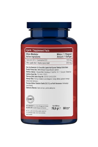 One Up Koenzim Q10 Alfa Lipoik Asit Kompleks 60 Yumuşak Kapsül