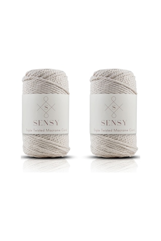 Sensy Premium 3 Büküm Pamuk Makrome Ipi 3mm Üç Büküm Taranan Makrome Halat Ip 500 2x250 Gram Ekru