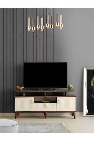 110 CM MDF MEBRAN KAPAK RAFLI TV SEHPASI BAROK CEVİZ - KREM