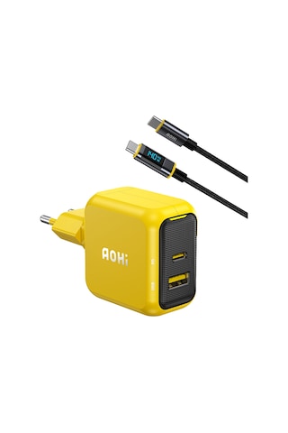 Aohi Magcube 67w 2 Portlu Şarj Adaptörü, 140w Led Ekranlı Naylon Örgülü Süper Hızlı Şarj/data Kablosu