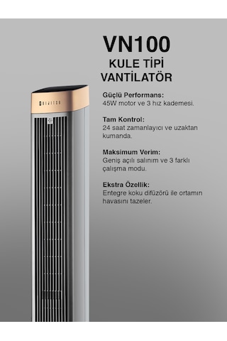 Dijitsu Vn100 Kule Tipi Vantilatör 45w, Zaman Ayarlı, 3 Hız Kademeli, Koku Difüzörü, Uzaktan Kumandalı, Geniş Salınım