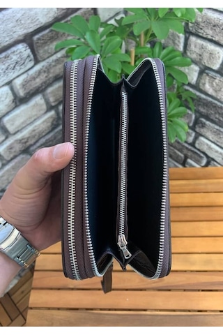 Guard Çift Fermuarlı Kahverengi Hakiki Deri El Çantası Erkek / Kadın P3031 Kahverengi