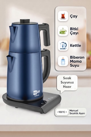 Egetürk TeaDem Vox Konuşan Dokunmatik Çay Makinesi Mama Suyu Hazırlama 1850W 1.7L Kettle 1.2L Demlik Mavi