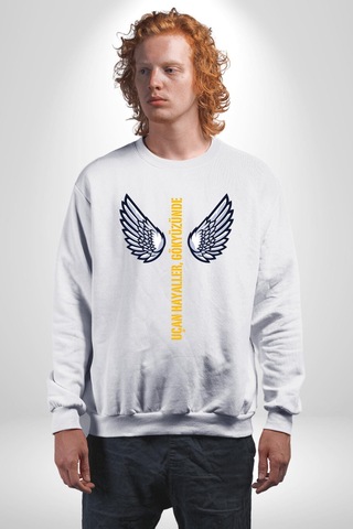 Uçan Hayaller Gökyüzünde Melek Kanatları Unisex Beyaz Sweatshirt Beyaz
