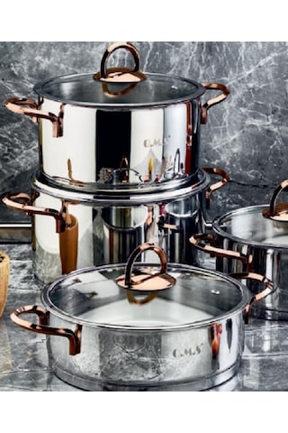 Oms 8 Parça Silindir Ezme Bakır Çelik Tencere Seti 1097-b
