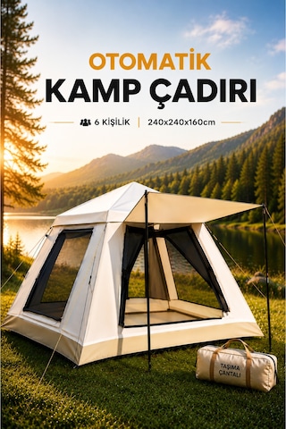 Kamp Çadır 6 Kişilik, 240x240x160cm Ebatlarında, Ac6637 Güneşlikli Su Geçirmez Otomatik Kamp Çadırı Yeşil