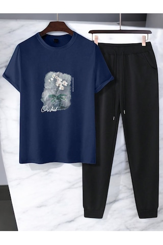 Uyguntarz Unisex Saksı Tasarım Basklı Tshirt Eşofman Takımı Lacivert
