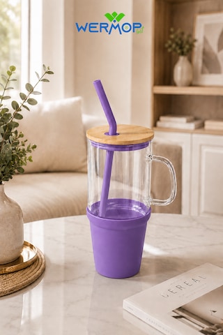 1000 Ml Cam Big Mug Bambu Kapaklı Çelik Pipetli Büyük Boy Kupa Termos Mor