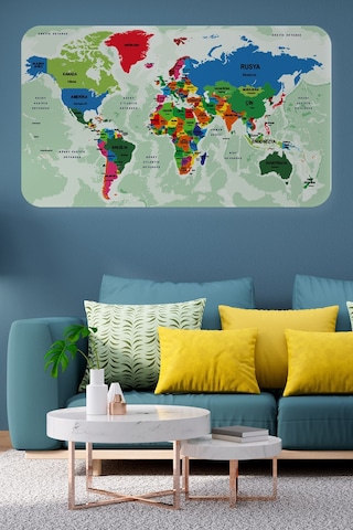 Türkçe Eğitici Ülke Ve Başkent Okyanus Detaylı Atlası Dünya Haritası Duvar Sticker-85x130-3840 Çok Renkli