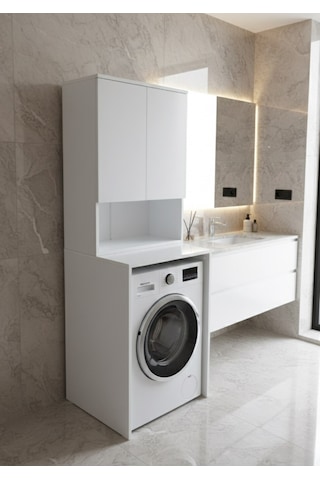 Tuna Çamaşır Makinesi Dolabı, Alt Üst Set, Kapaklı, Banyo Dolabı Beyaz Beyaz