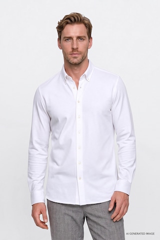 AC&Co / Altınyıldız Classics Erkek Beyaz Pamuklu Tailored Slim Fit Dar Kesim Düğmeli Yaka Örme Gömlek Beyaz
