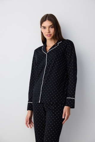 Penti Pamuklu White Dotted Gömlek Pantolon Pijama Takımı Siyah Siyah