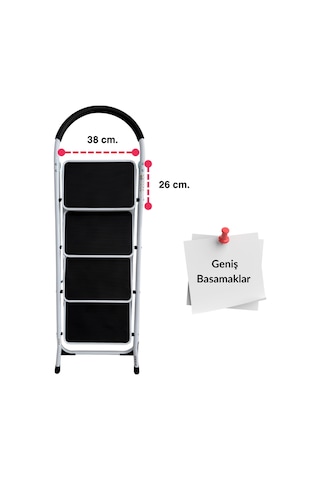 Çelik 4 Basamaklı Geniş Basamak Ev - Ofis Tipi Merdiven - Tutacaklı
