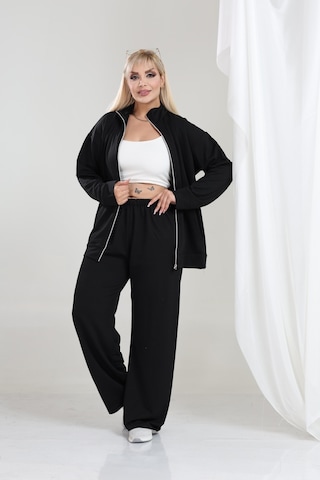 Kadın Büyük Beden Fermuarlı Uzun Kollu Rahat Günlük Eşofman Takım Siyah