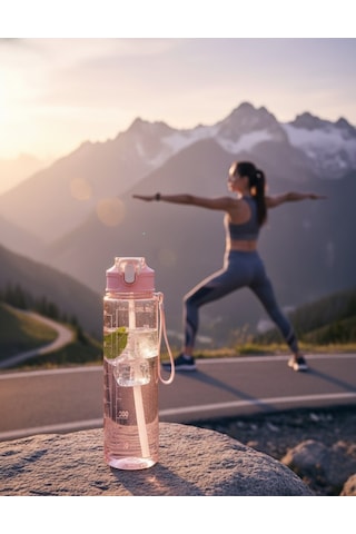 Pembe, Şeffaf Pipetli Matara 900 Ml, Sızdırmaz Kapaklı Suluk Pembe