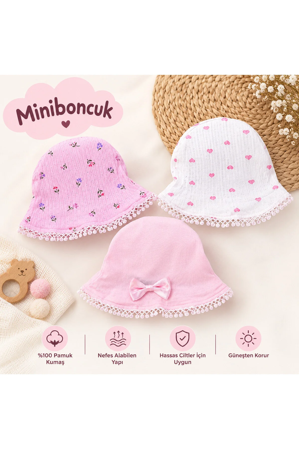 Mini Boncuk Bebek Penye Bere Şapka 3 Lü Set Çiçek Kalp Fiyonk Beyaz - Pembe