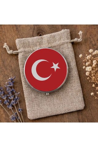 Makyaj Aynası Türk Bayrağı Tasarımlı Cep Aynası El Aynası Kişiye Özel Hazırlanabilir Çift Taraflı Yuvarlak Çanta Aynası Kırmızı