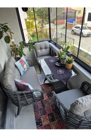 Kartepe Galvaniz Boru 2 1 1 Sehpa 60 90 Rattan Bahçe Balkon Takımı,gri Rattan/gri Kumaş Gri Rattan / Gri Kumaş