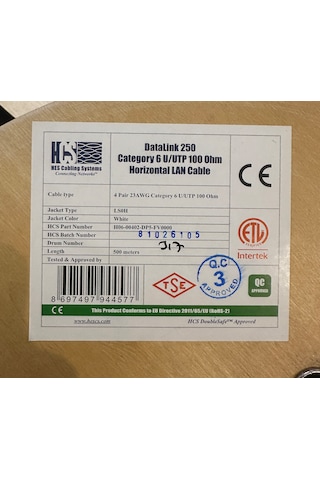Hcs Cat 6 Halogen Free U/utp Lsoh 500 M. Makara 23 Awg Beyaz