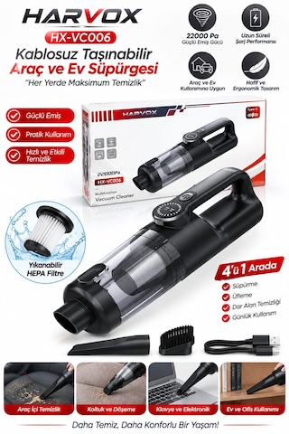 Harvox Hxvc-006 Araç İçi Profesyonel Süpürge 22.000pa Güçlü Vakum Ve Üfleme Süpürge Siyah 22000pa