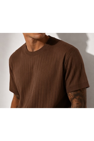 Ribana Erkek Kısa Kollu Fitilli Bisiklet Yaka Esnek T-shirt 26113 Kahverengi