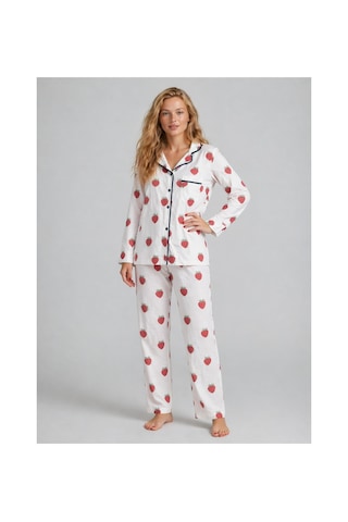 Rindahomewear Kadın Viskon Düğmeli Pijama Takımı Beyaz3