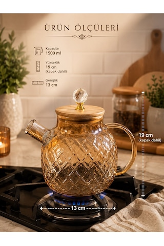 Qerhome Ateşe Dayanıklı Borosilikat Cam Demlik 1500 Ml Bambu Kapaklı Amber Cam Sürahili Çaydanlık Dh-41