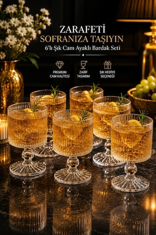 6 Lı Ayaklı Kristal Cam Meşrubat Kokteyl Bardağı Bardak 280ml Şeffaf