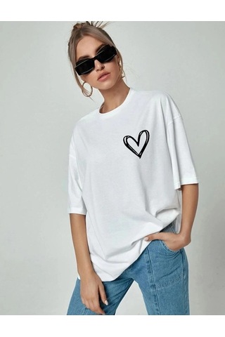 Primemagazam Kadın Tişört Bisiklet Yaka Baskılı Oversize T-shirt - Beyaz Çeşitli