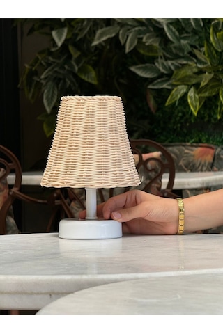 Rattan & Bambu Masa Üstü Kablosuz Pilli Abajur Masa Lambası Beyaz
