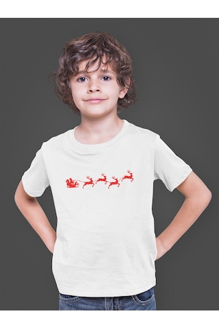 Bumeta Yılbaşı Santa Claus Geyik Silüet Noel Baba Baskılı Çocuk Tişört T-shirt Beyaz