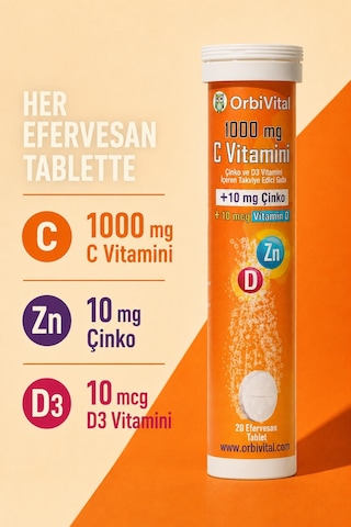 Orbivital C Vitamini 1000 Mg + Çinko + D3 Vitamini Efervesan Tablet 20'li