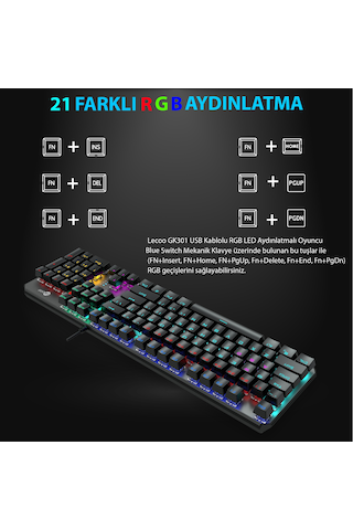 Lecoo GK301 USB Kablolu Blue Switch Makrolu RGB Gaming Mekanik Türkçe Q Klavye Metalik Gri
