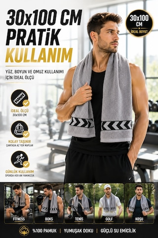 Gri 30x100 Cm %100 Pamuk 450 Gsm Spor Havlusu Fitness Gym Boks Tenis Golf Yüz Havlusu Yıkanabilir