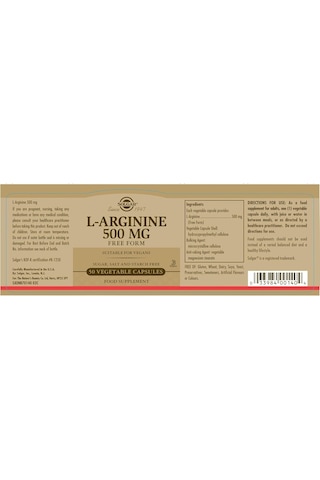 Solgar L-arginine 500 Mg 50 Bitkisel Kapsül Çok Renkli
