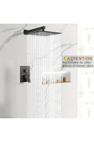 Fastbuy Mat Siyah Tüm Metal Paslanmaz Çelik Duş Başlığı, 40 Cm Uzatma Kolu, 30 Cm Kare Şelale, Yüksek Akış, Kurulum Kiti Mat Siyah