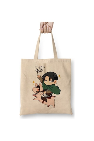 Toyaso Attack On Titan Chibi Levi Bez Çanta Uzun Saplı Alışveriş Çantası Plaj Çantası Beyaz