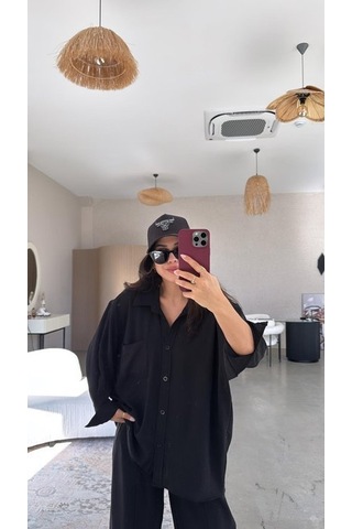 Kadın Flamlı Keten Tek Cep Oversızed Gömlek Siyah