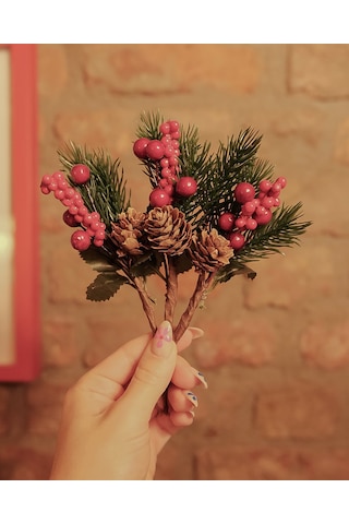 Kokina Yılbaşı Çiçeği, Yapay Çam Kozalaklı Kiraz Demeti, Yeniyıl Dekoratif Ev Süsü, 13 Cm - 12 Adet