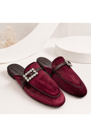 Dabab Shoes Marıgold Kadın Taşlı Tokalı Bordo Kadife Görünümlü Kapalı Burun Düz Taban Mule Terlik