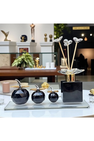 Dekoratif Kristal 7 Parça Set Üçlü Elma Ve Koku Şişesi Siyah Gold 01