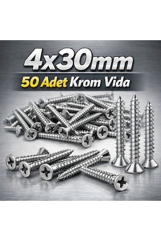 Paslanmaz Krom Vida 4x30mm 30mm 50 Adet M4 Tekne Yat İnox Vida 0.4 MM