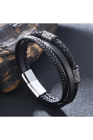 Erkek Kadın Çok Katmanlı Moda Örgülü Deri Bileklikler Paslanmaz Çelik Tokalı Kurukafa Bilezik Hediyeler Siyah